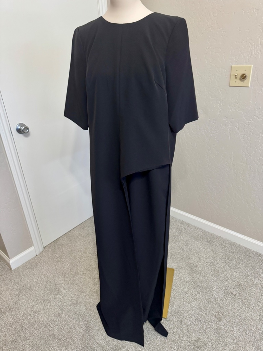 Kay Unger New York Black Jumpsuit Draped Overlay Wide Leg Size 12